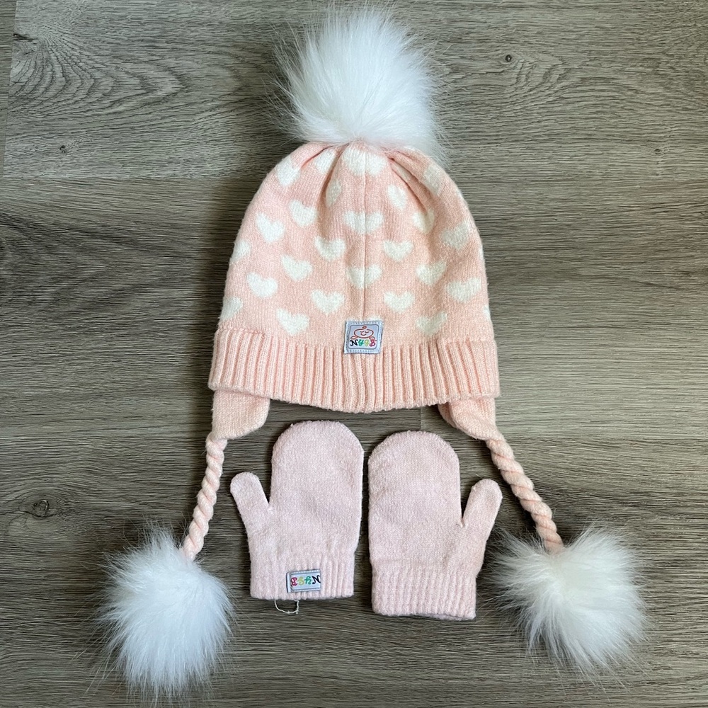 NYGB toddler girls light pink Beanie Hat & mittens set